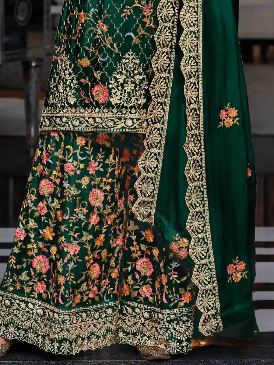 Green Heavy Premium Silk Embroidered Festival Wedding Palazzo Pant Salwar Kameez