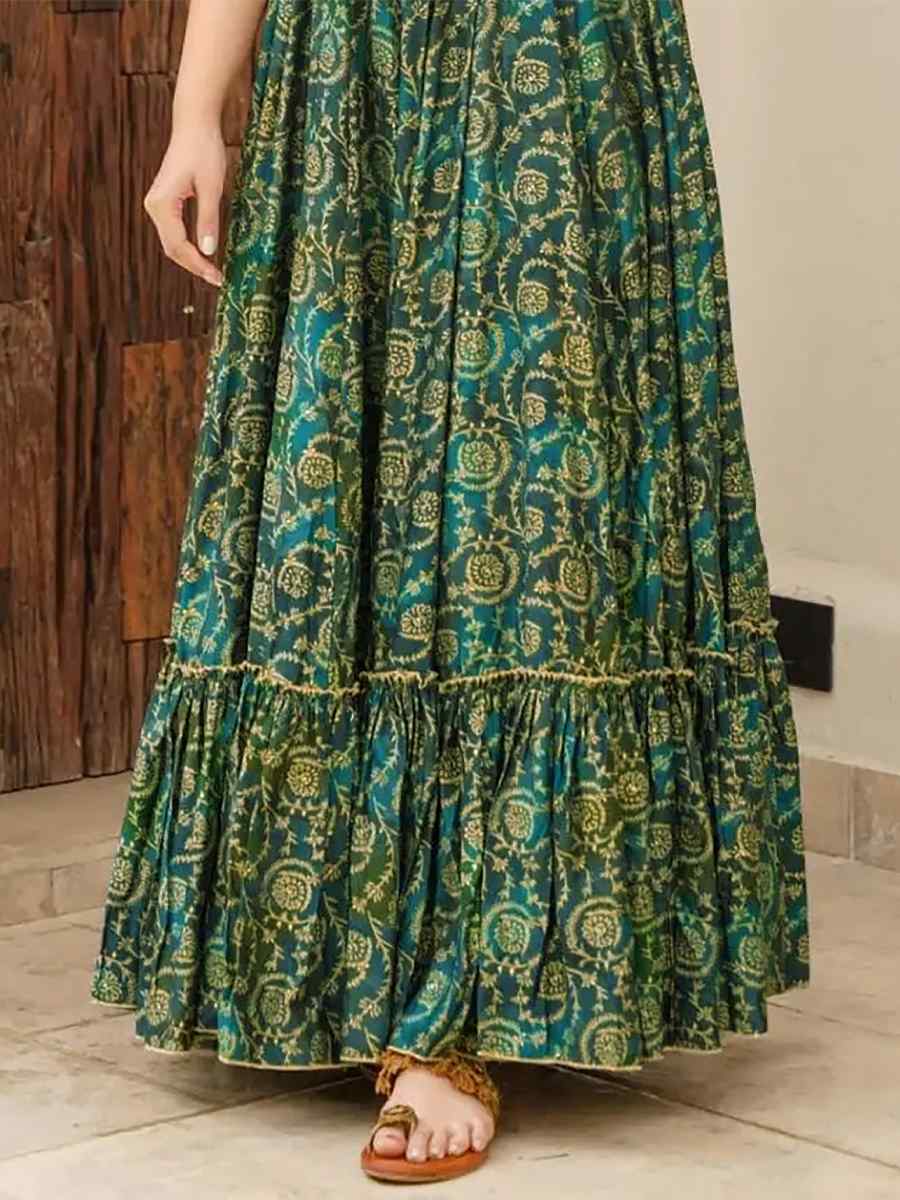 Green Heavy Rayon Printed Festival Casual Gown