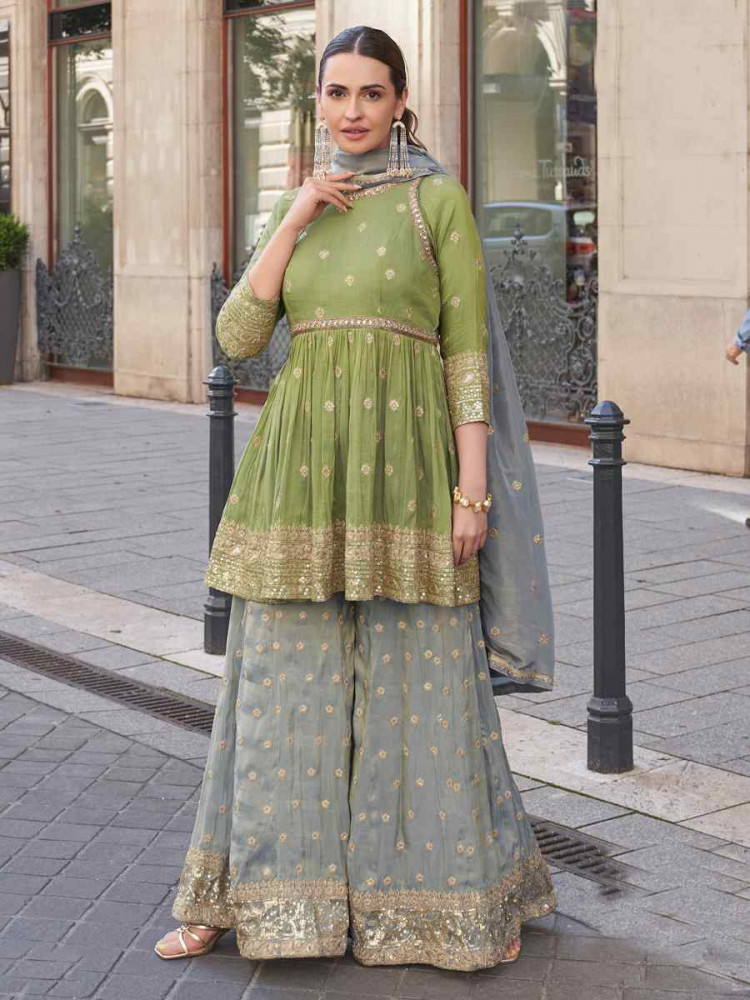 Green Heavy Real Simar Embroidered Festival Casual Ready Sharara Pant Salwar Kameez