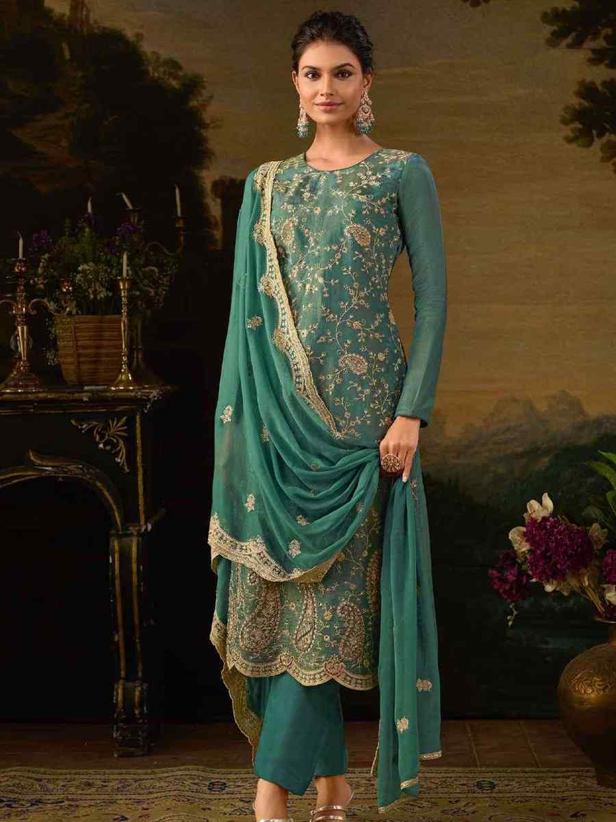 Green Heavy Silk Embroidered Festival Casual Pant Salwar Kameez