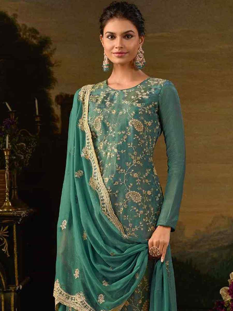 Green Heavy Silk Embroidered Festival Casual Pant Salwar Kameez