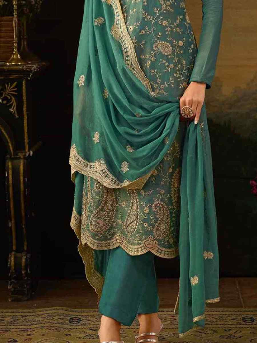 Green Heavy Silk Embroidered Festival Casual Pant Salwar Kameez