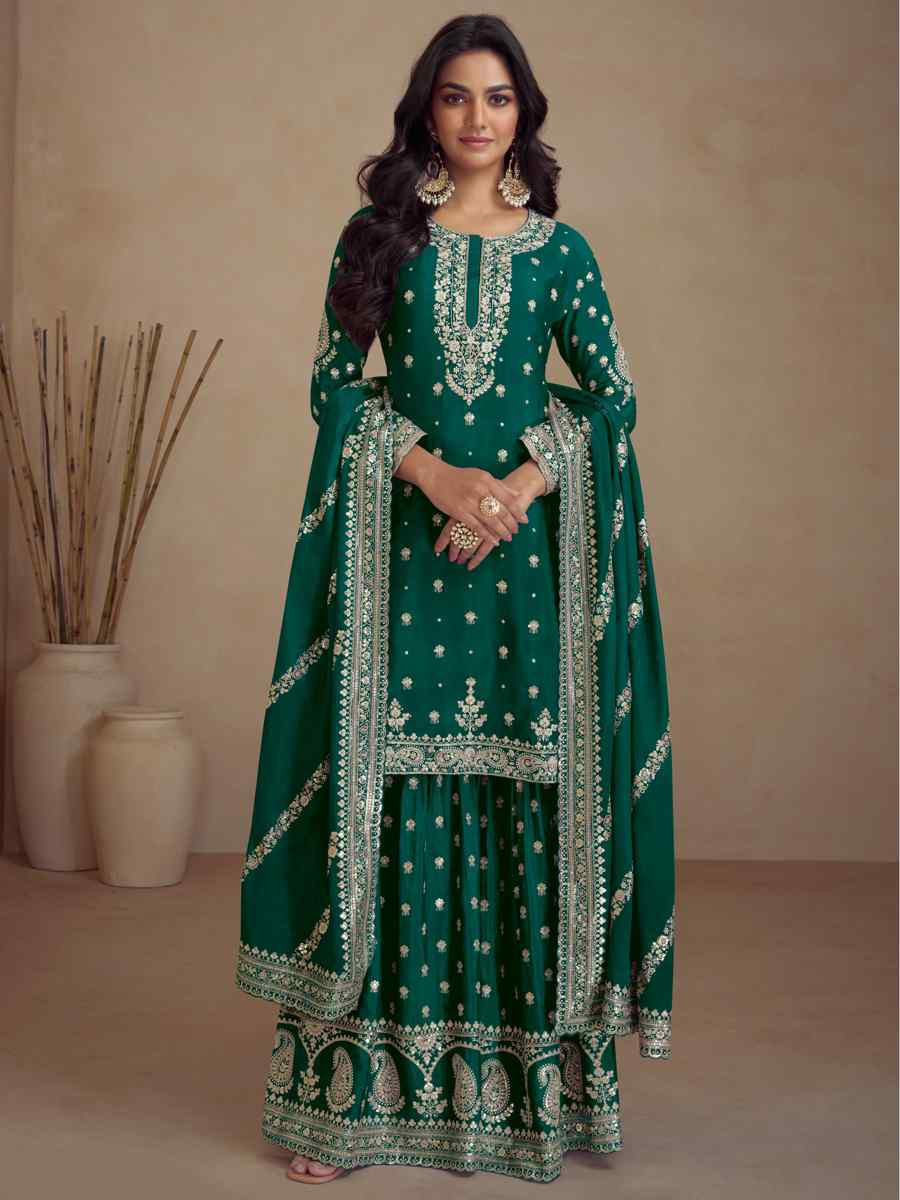 Green Heavy Silk Embroidered Festival Wedding Palazzo Pant Salwar Kameez