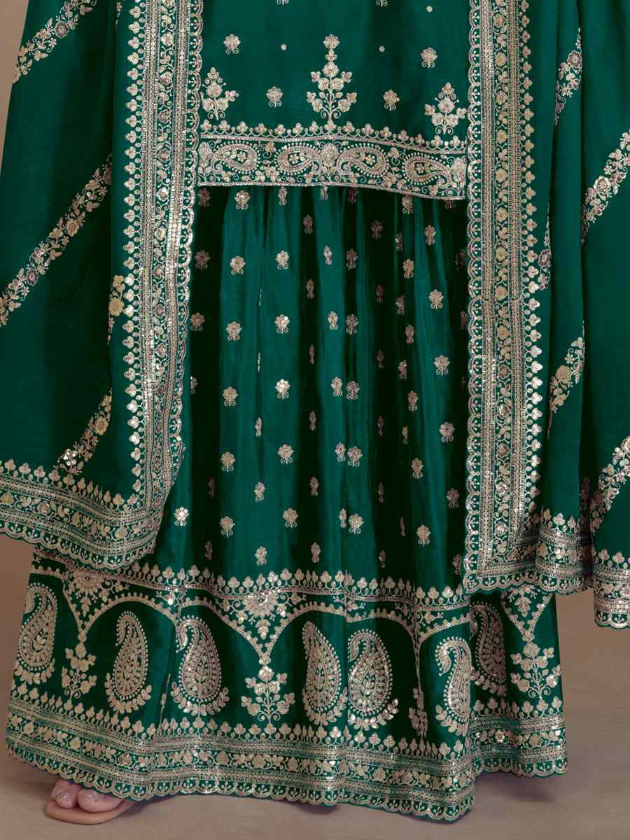 Green Heavy Silk Embroidered Festival Wedding Palazzo Pant Salwar Kameez