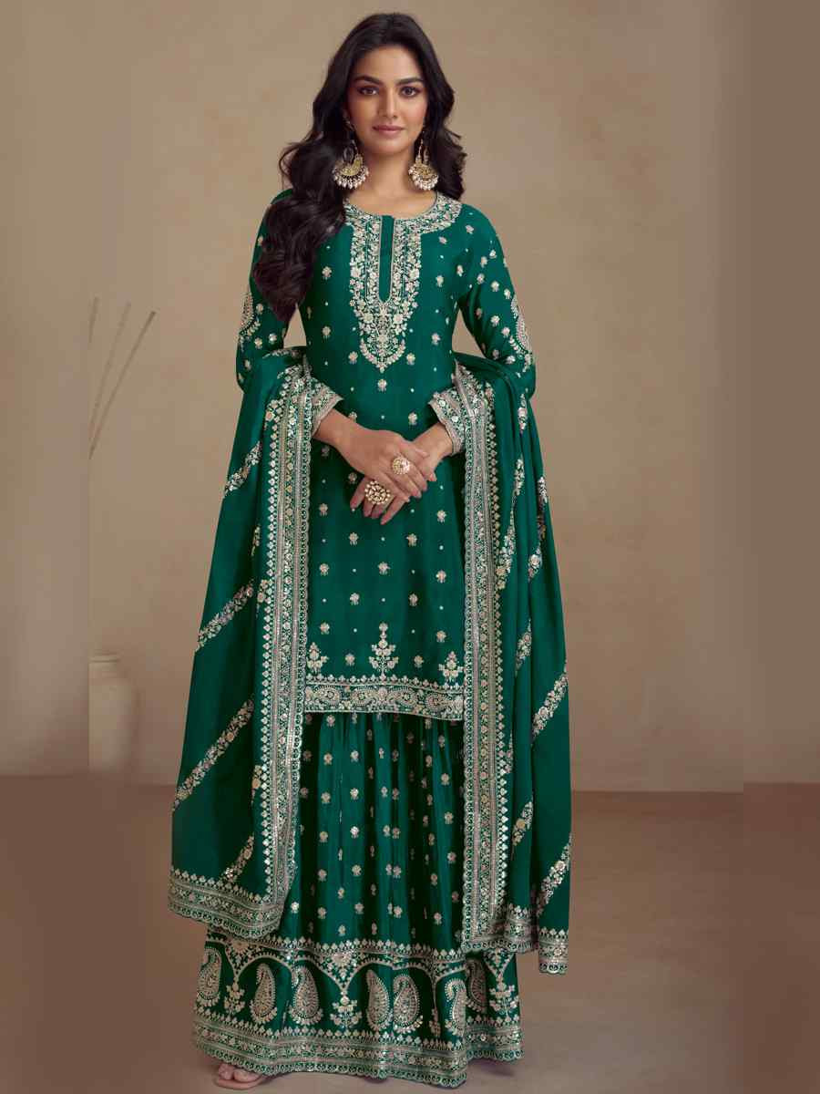 Green Heavy Silk Embroidered Festival Wedding Sharara Pant Salwar Kameez