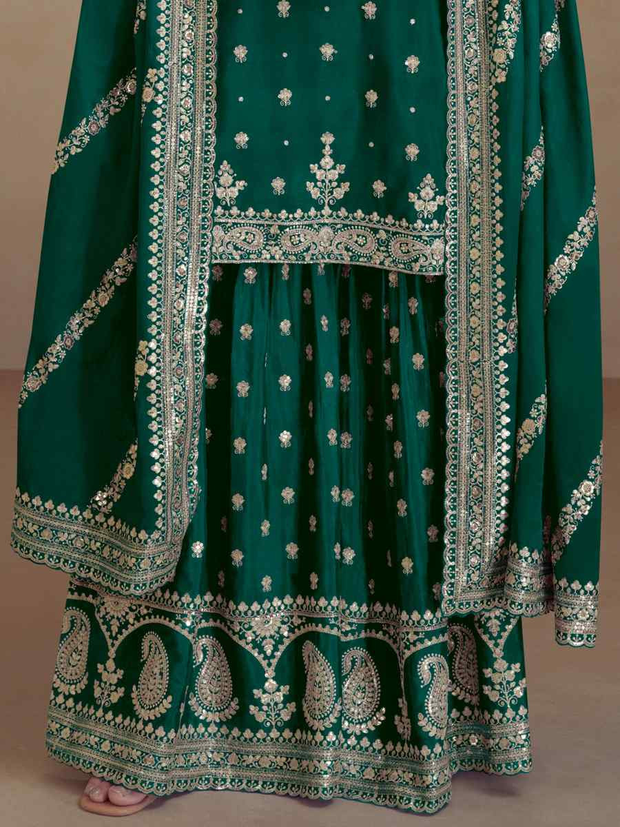 Green Heavy Silk Embroidered Festival Wedding Sharara Pant Salwar Kameez