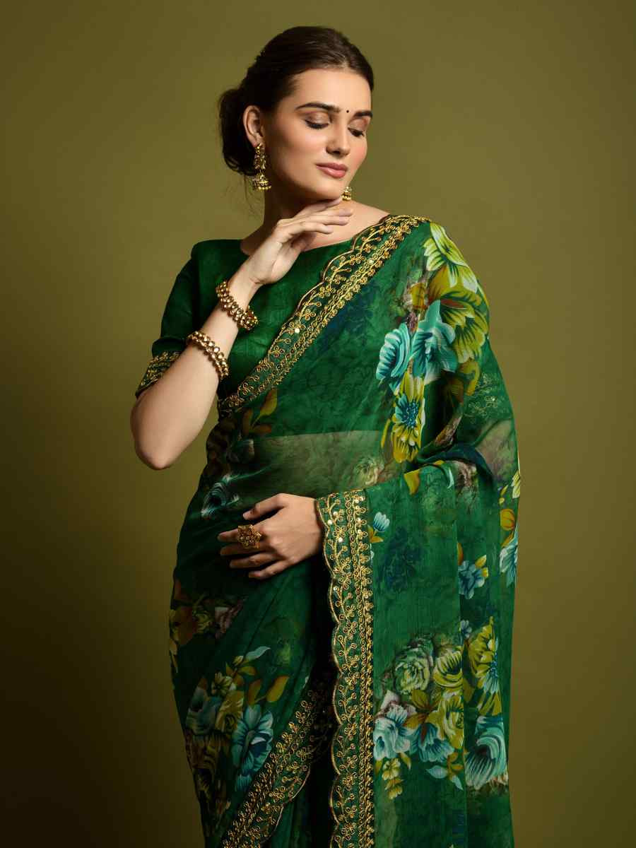 Green Heavy Soft Chiffon Handwoven Festival Wedding Heavy Border Saree