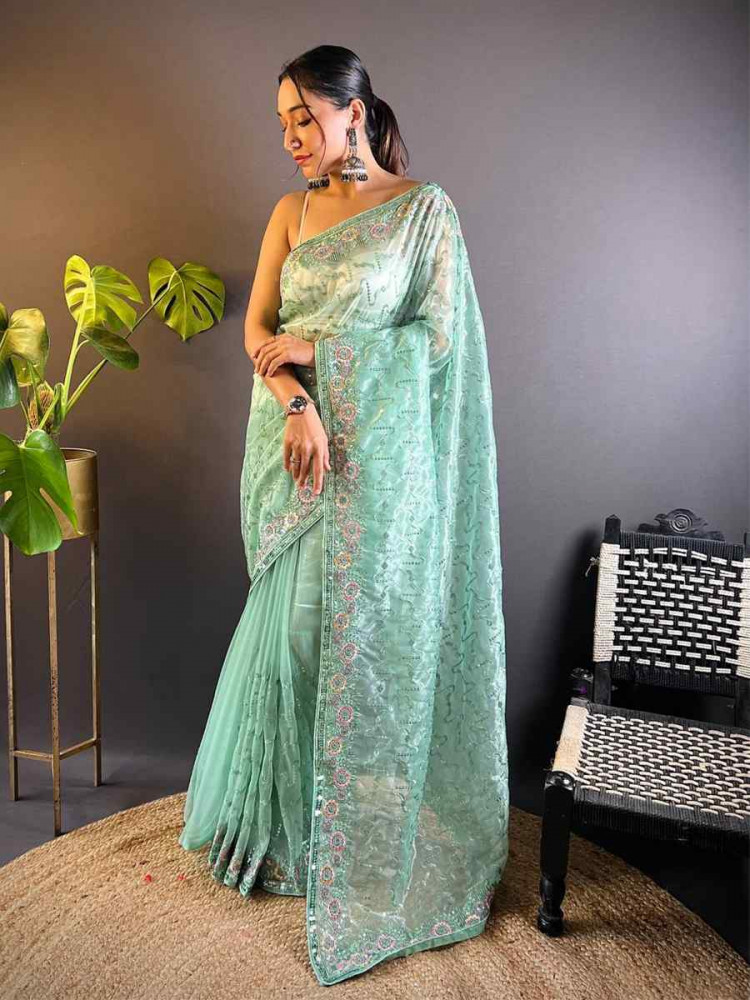 Green Heavy Teal Net Embroidered Festival Wedding Heavy Border Saree