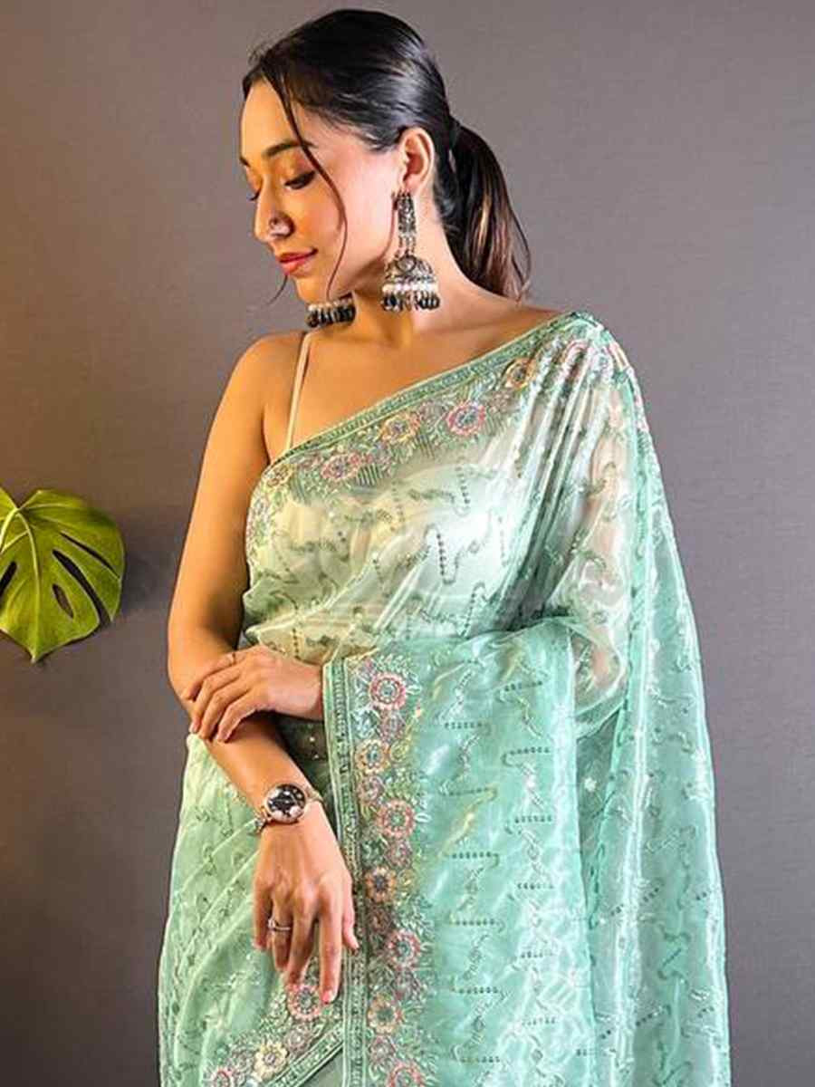 Green Heavy Teal Net Embroidered Festival Wedding Heavy Border Saree