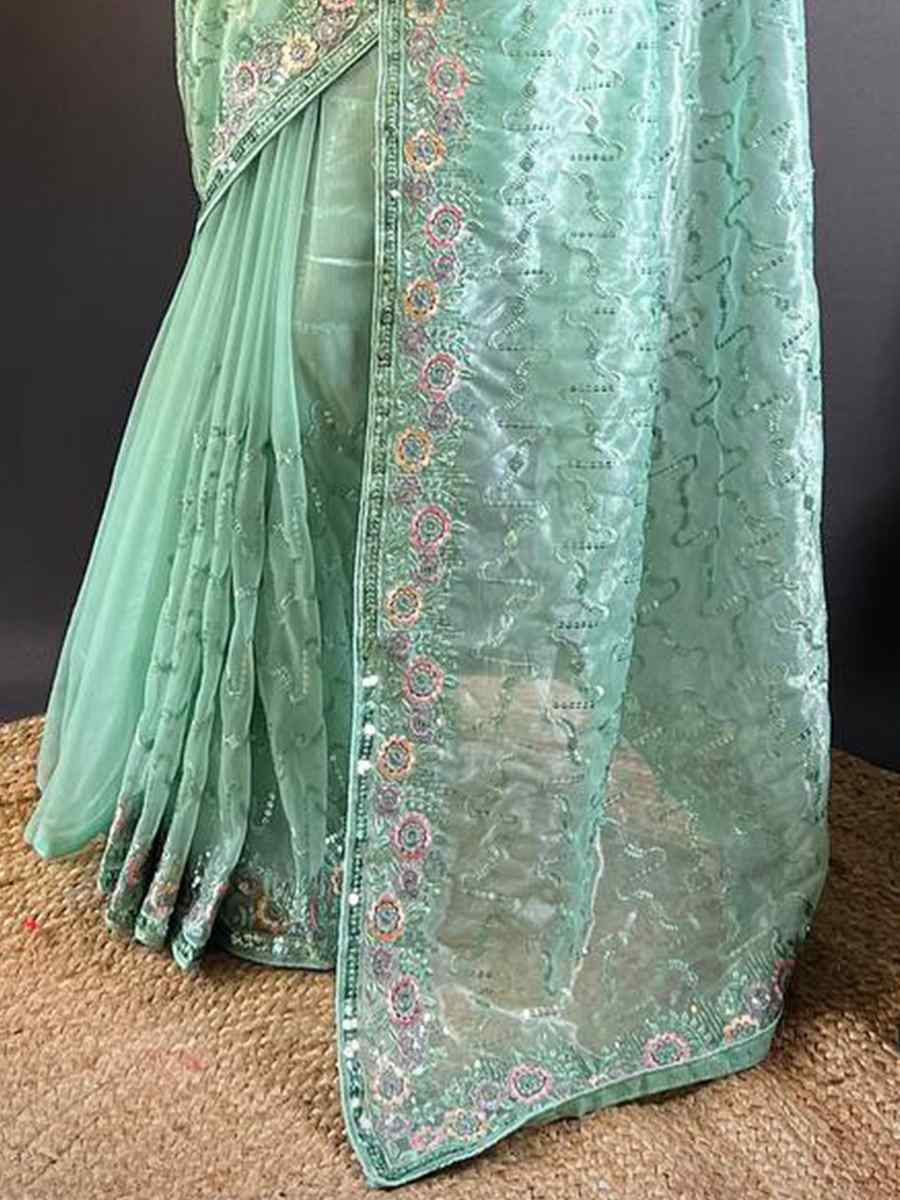 Green Heavy Teal Net Embroidered Festival Wedding Heavy Border Saree