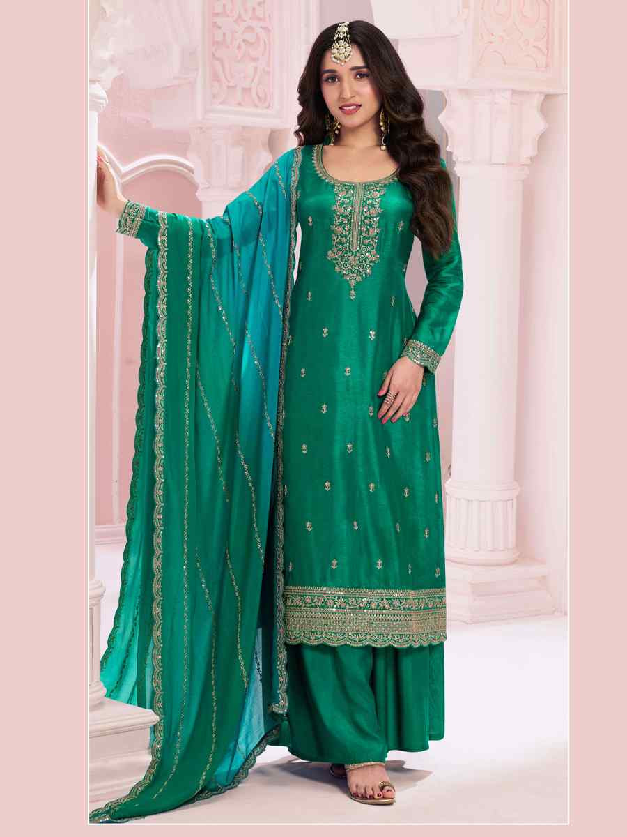 Green Heavy Vichitra Embroidered Festival Wedding Palazzo Pant Salwar Kameez