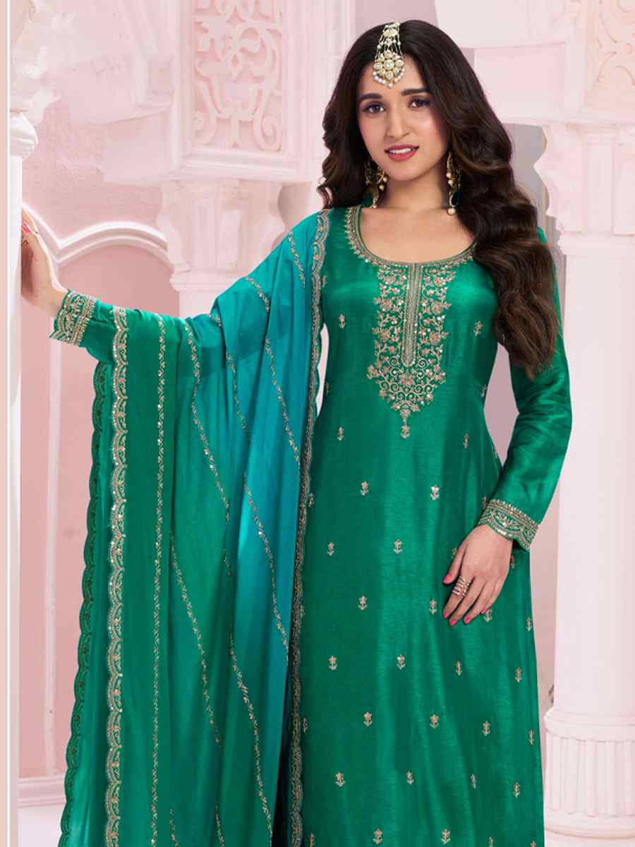 Green Heavy Vichitra Embroidered Festival Wedding Palazzo Pant Salwar Kameez