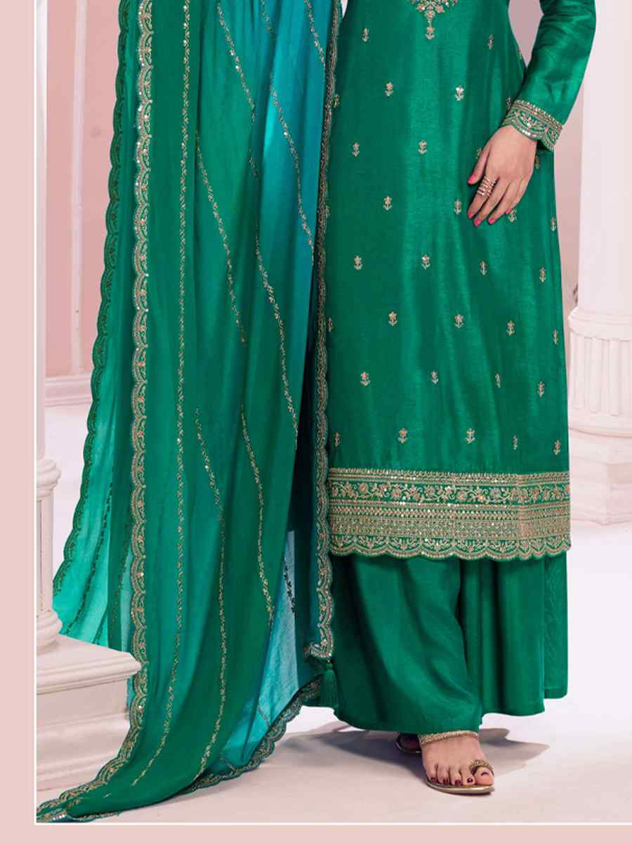 Green Heavy Vichitra Embroidered Festival Wedding Palazzo Pant Salwar Kameez