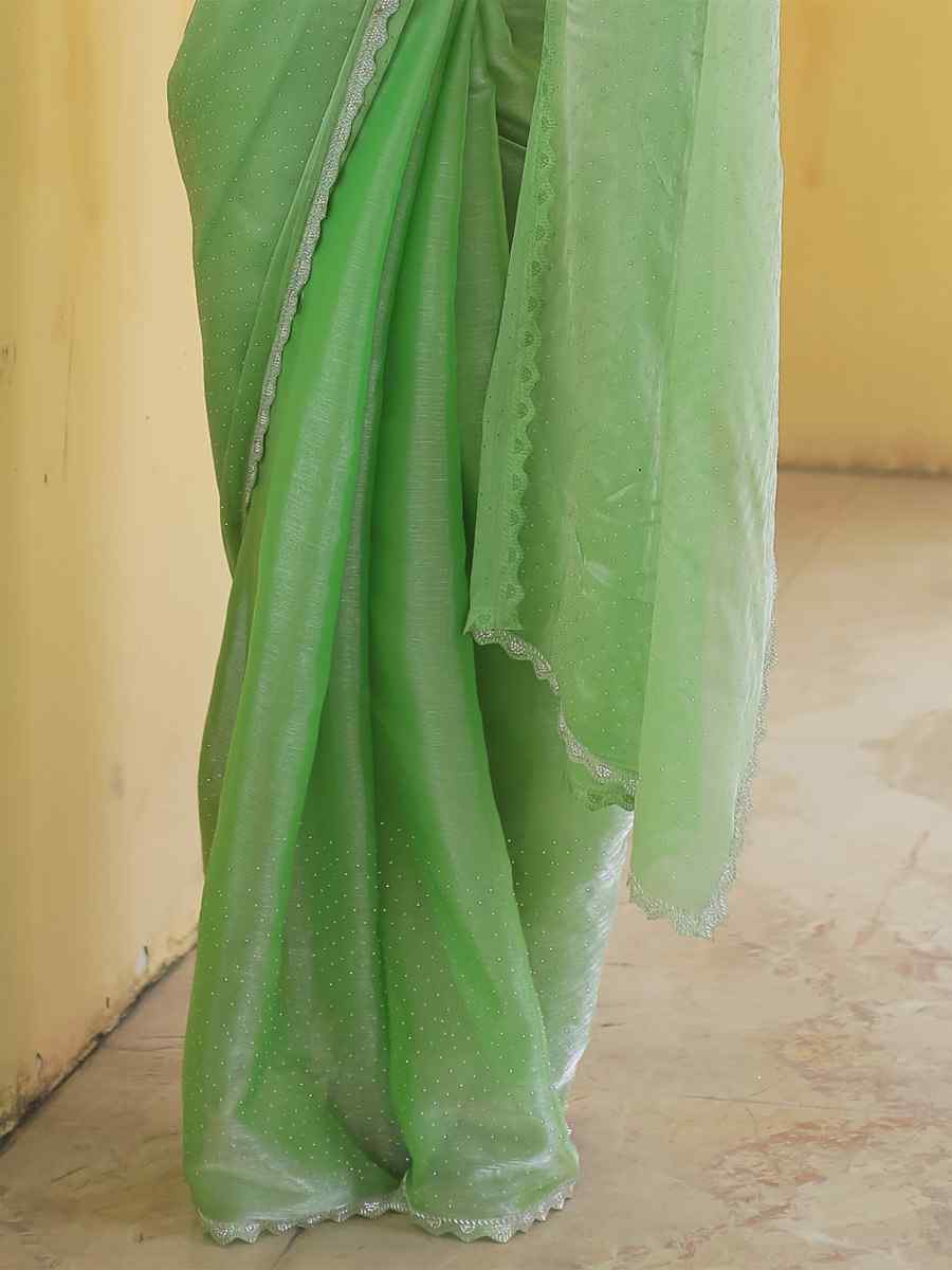 Green Jimmy Choo Burberry Handwoven Festival Wedding Heavy Border Saree