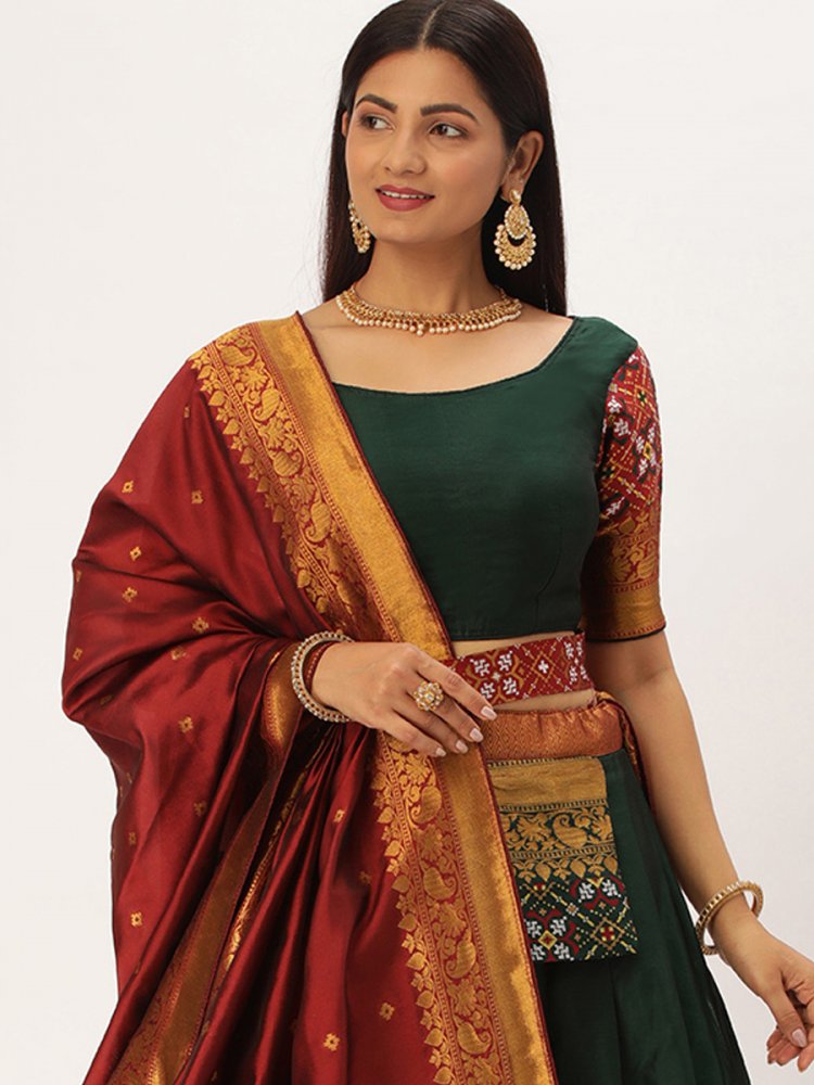 Maroon & Green Jacquard Banarasi Silk Wedding Lehenga Choli With Blouse -  Yadu Nanadan Fashion - 2551564