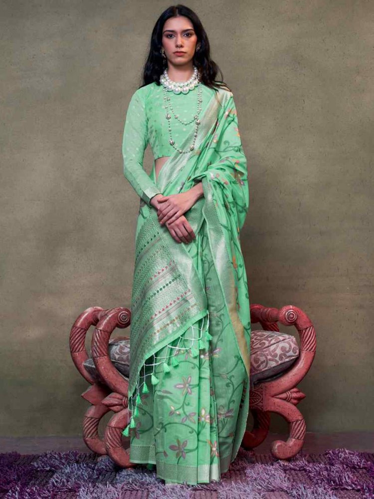Green Malmal Cotton Handwoven Wedding Festival Heavy Border Saree