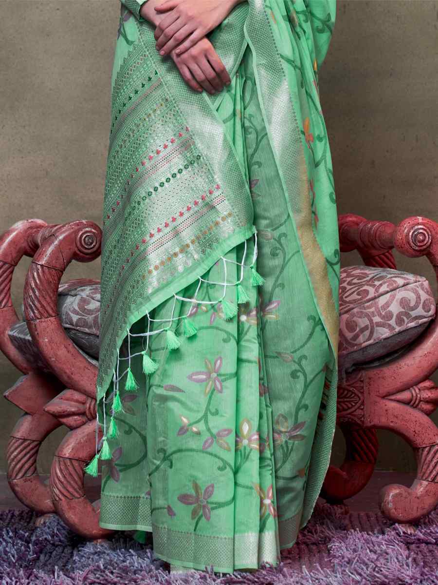 Green Malmal Cotton Handwoven Wedding Festival Heavy Border Saree