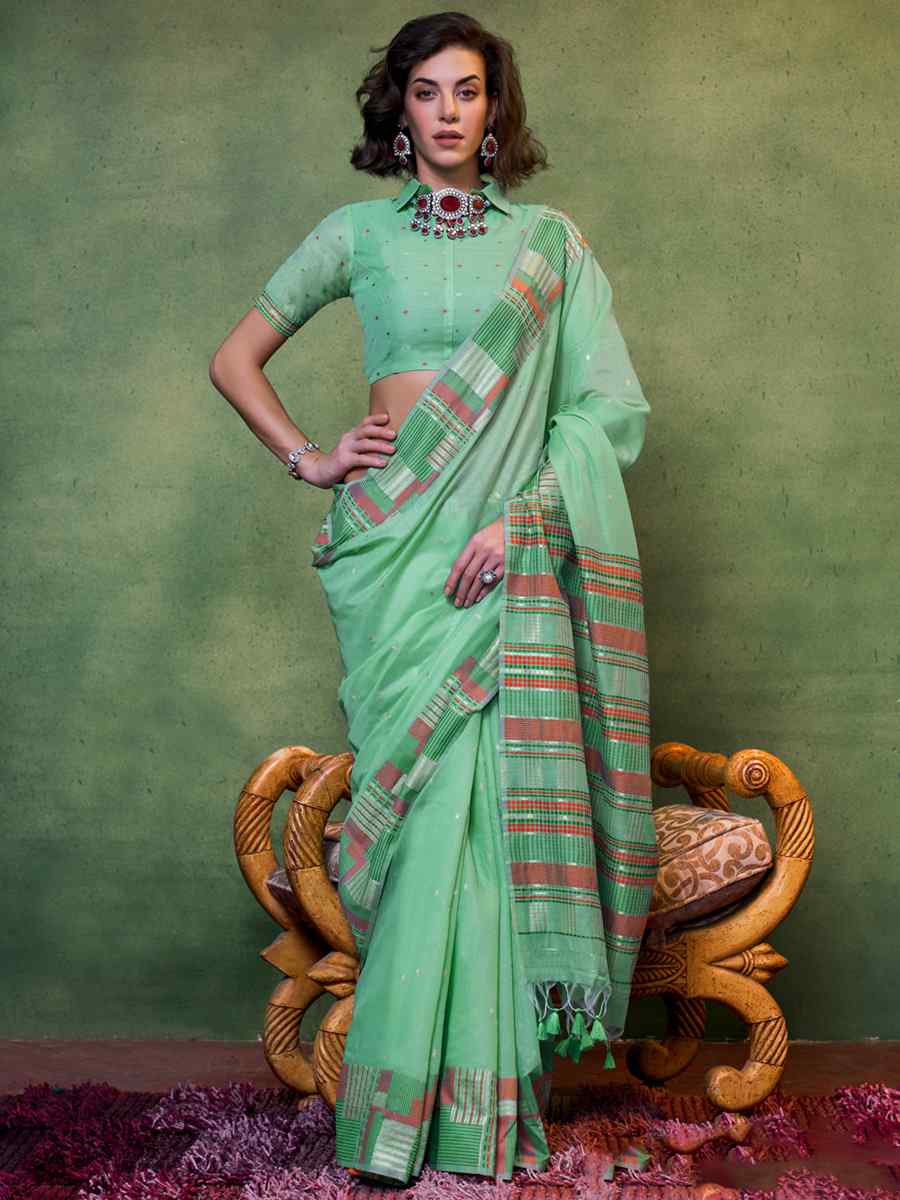 Green Malmal Cotton Handwoven Wedding Festival Heavy Border Saree