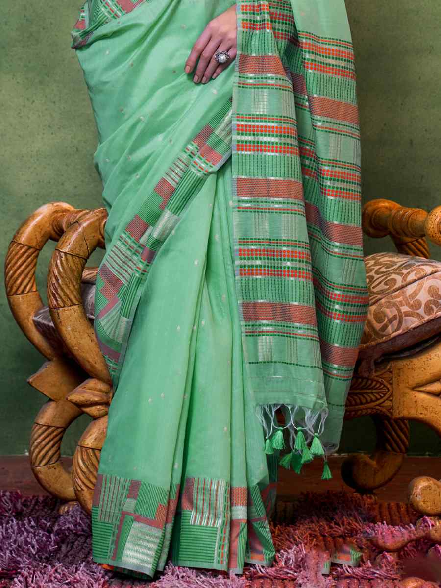 Green Malmal Cotton Handwoven Wedding Festival Heavy Border Saree