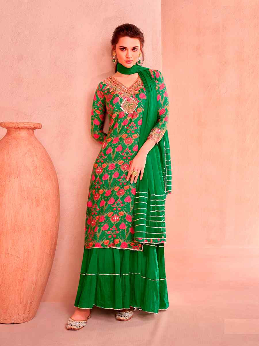 Green Muslin Embroidered Festival Casual Sharara Pant Salwar Kameez