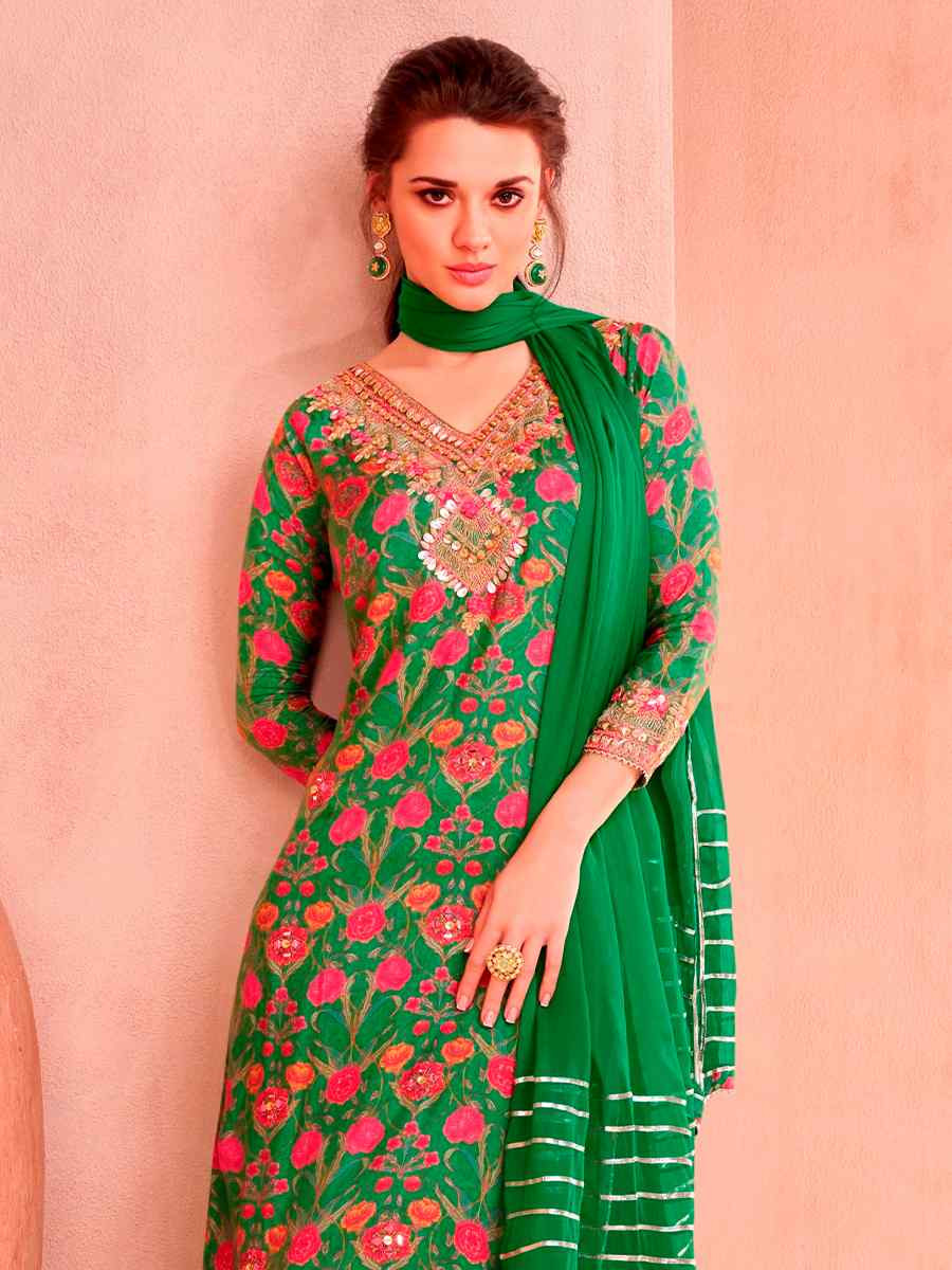 Green Muslin Embroidered Festival Casual Sharara Pant Salwar Kameez