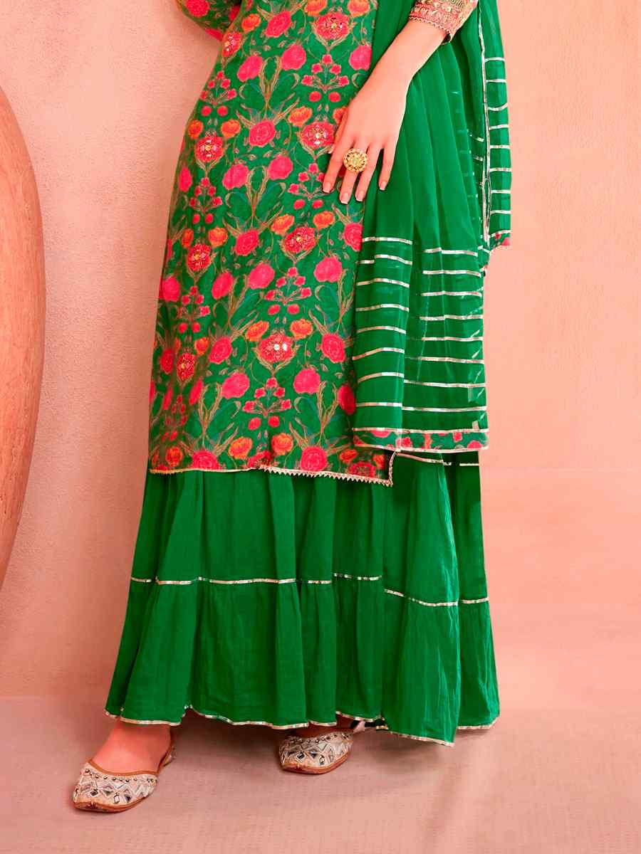 Green Muslin Embroidered Festival Casual Sharara Pant Salwar Kameez