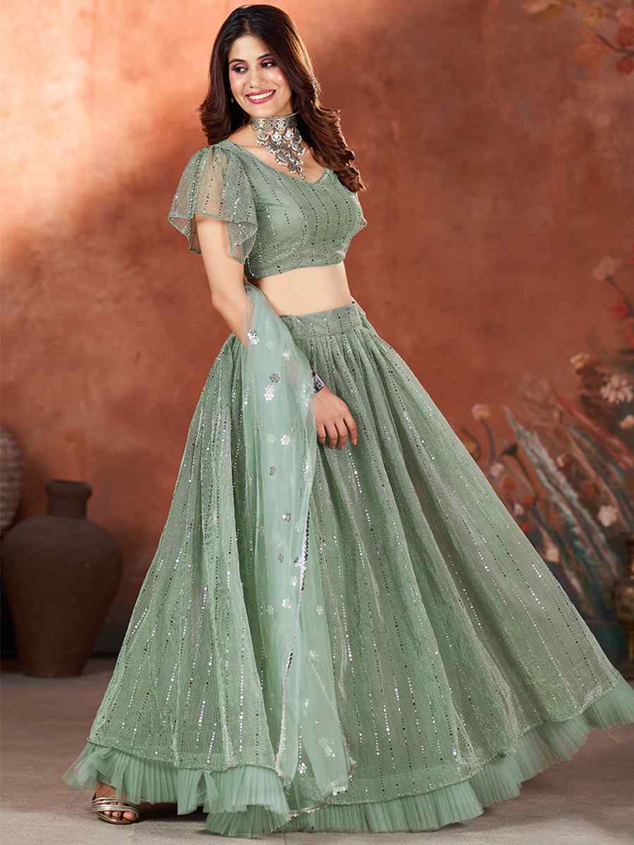 Green Net Embroidered Bridesmaid Wedding Heavy Border Lehenga Choli