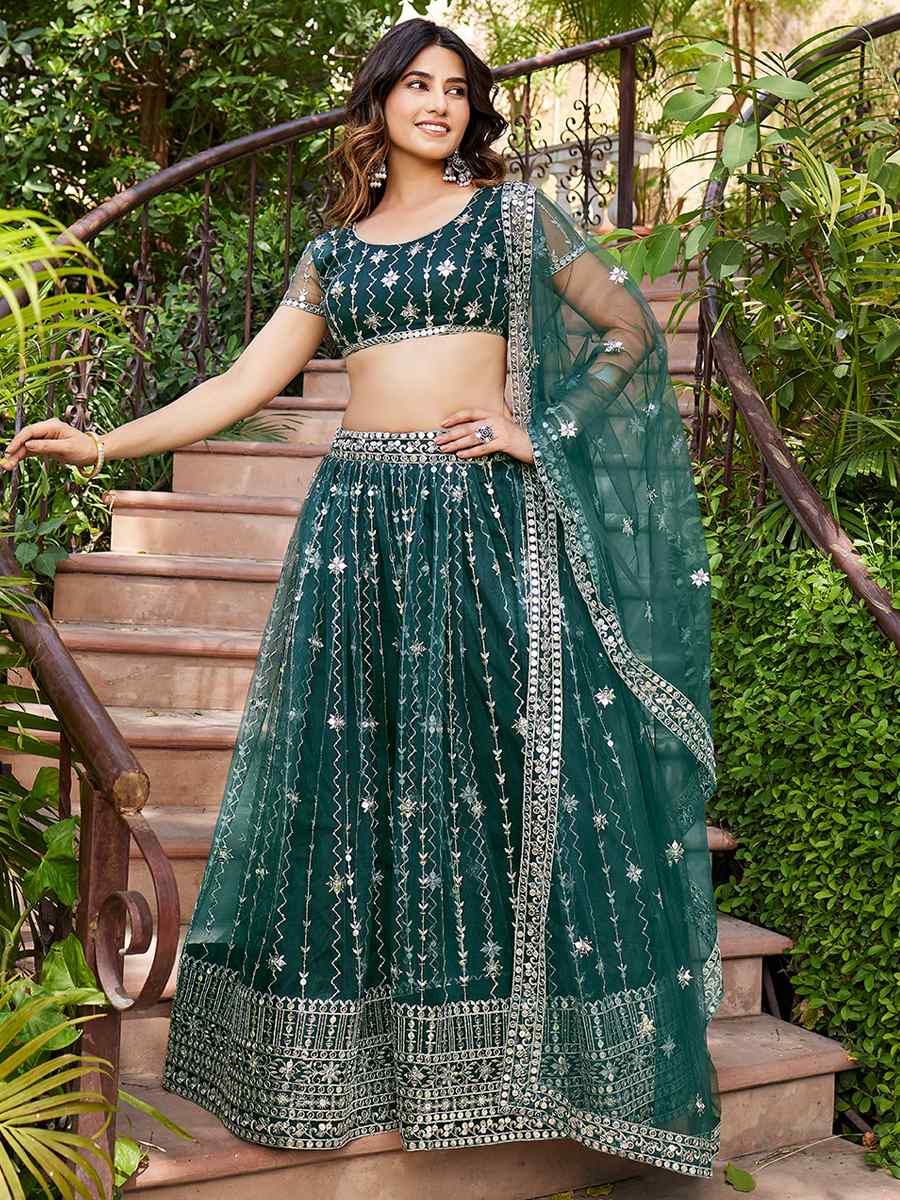 Green Net Embroidered Bridesmaid Wedding Heavy Border Lehenga Choli