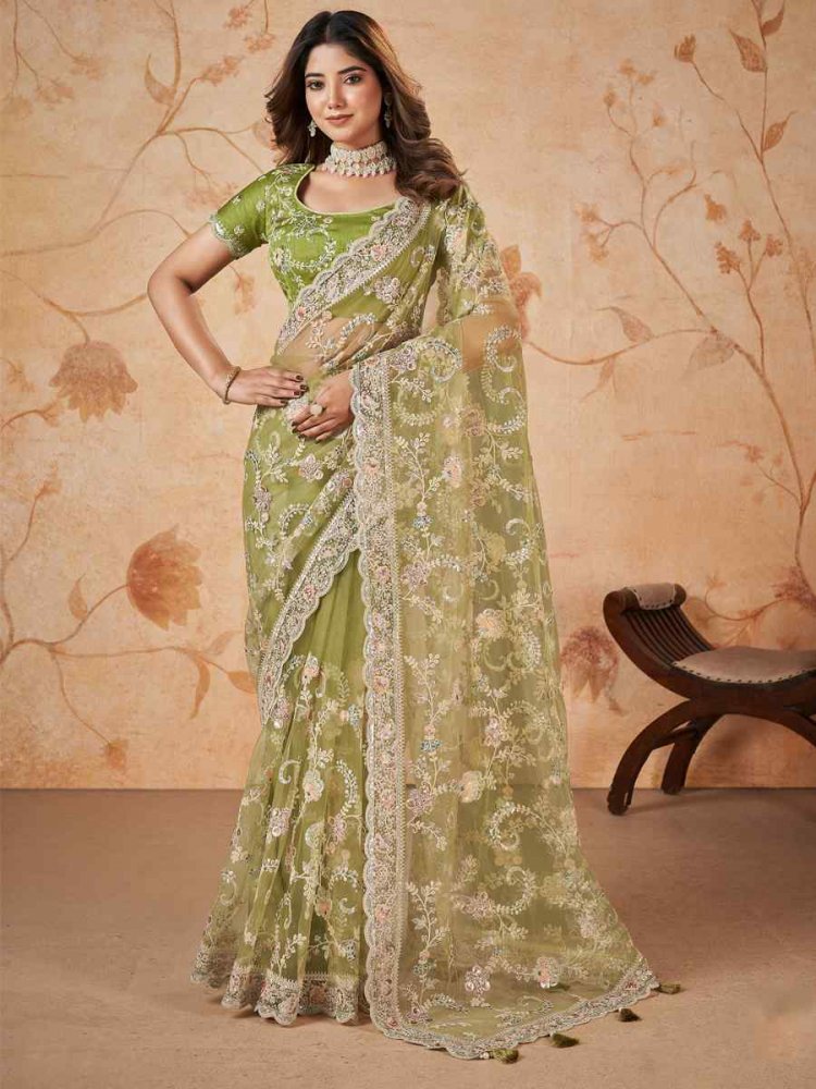 Green Net Embroidered Festival Party Classic Style Saree