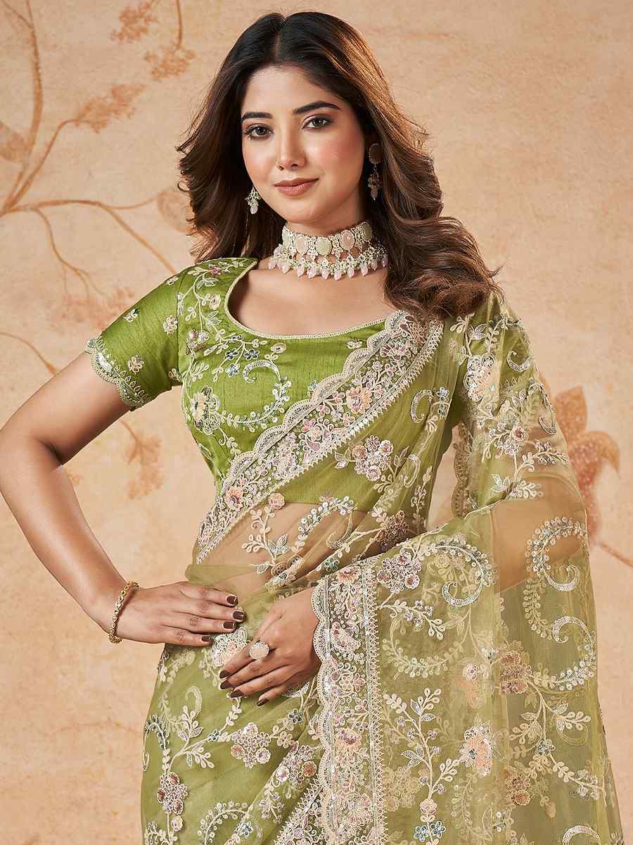 Green Net Embroidered Festival Party Classic Style Saree