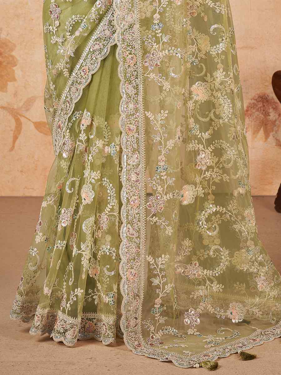 Green Net Embroidered Festival Party Classic Style Saree