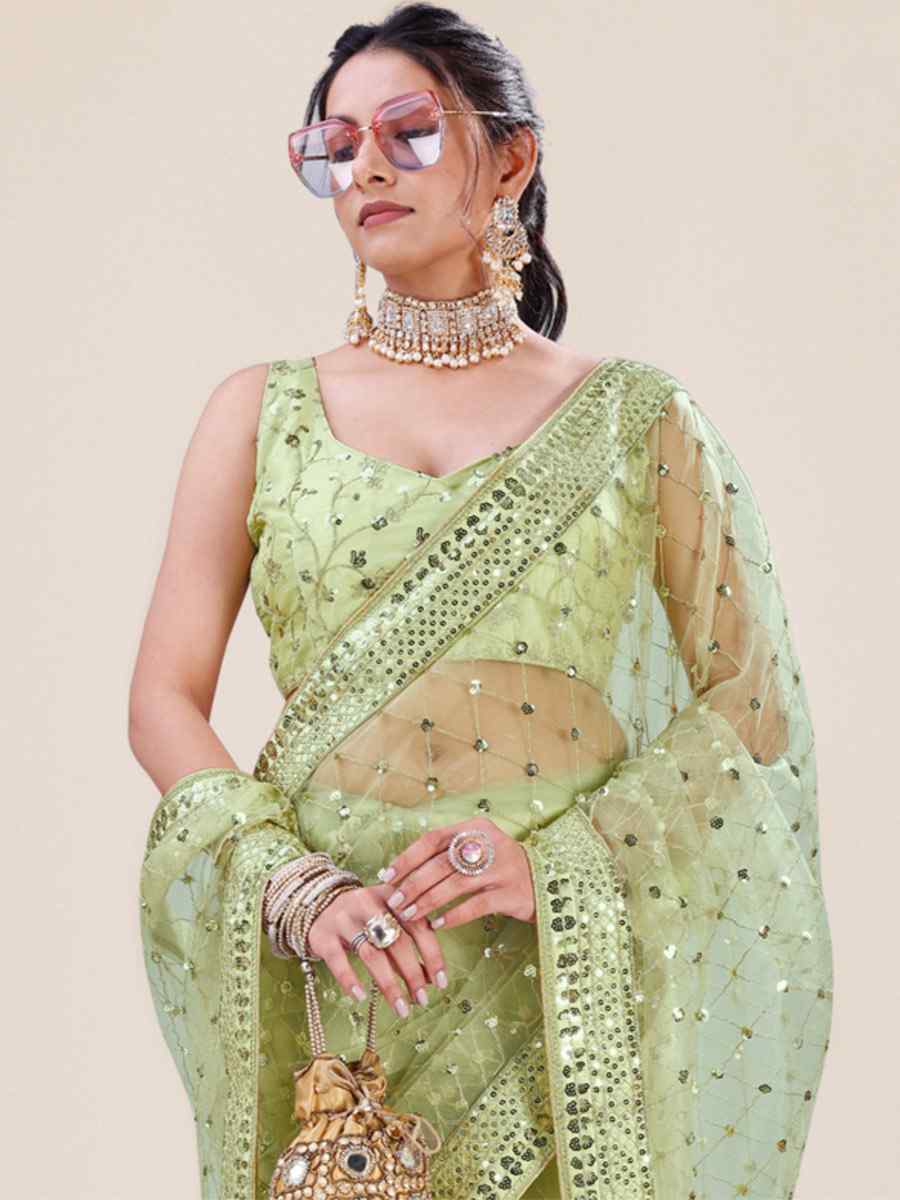 Green Net Embroidered Party Festival Heavy Border Saree