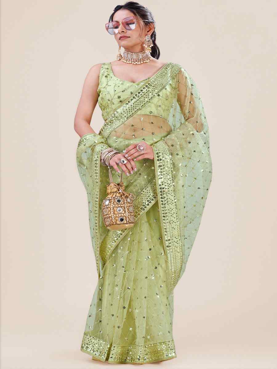 Green Net Embroidered Party Festival Heavy Border Saree