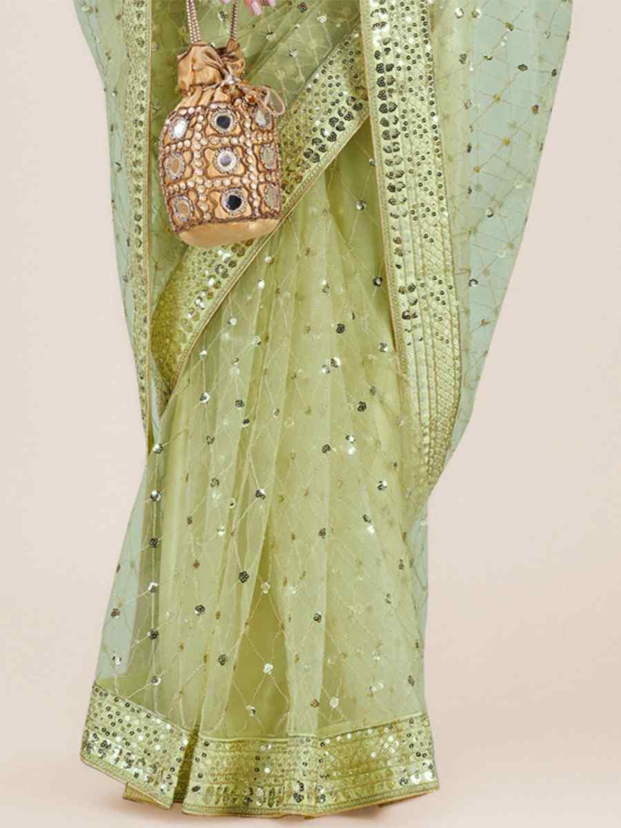 Green Net Embroidered Party Festival Heavy Border Saree