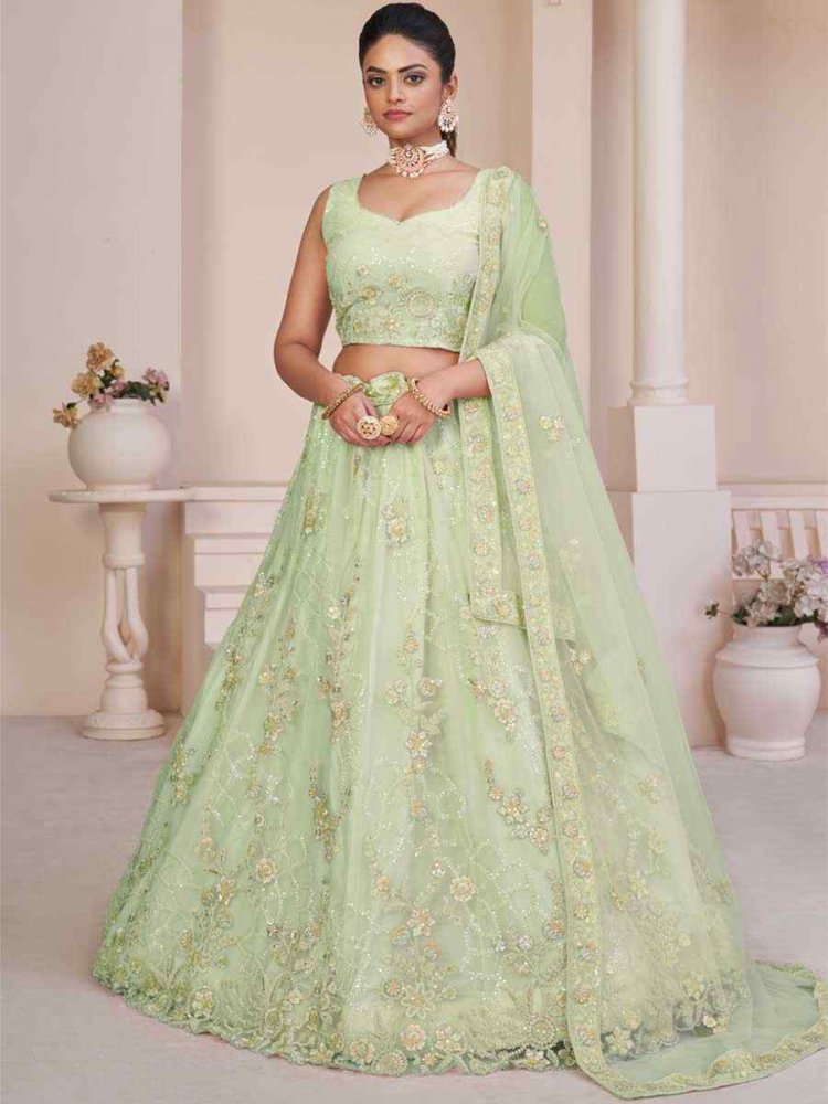 green net embroidered reception wedding heavy border lehenga choli 699092 m