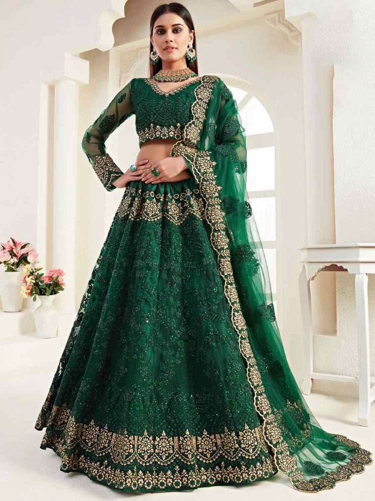 Green Net Silk Embroidered Bridesmaid Wedding Heavy Border Lehenga Choli