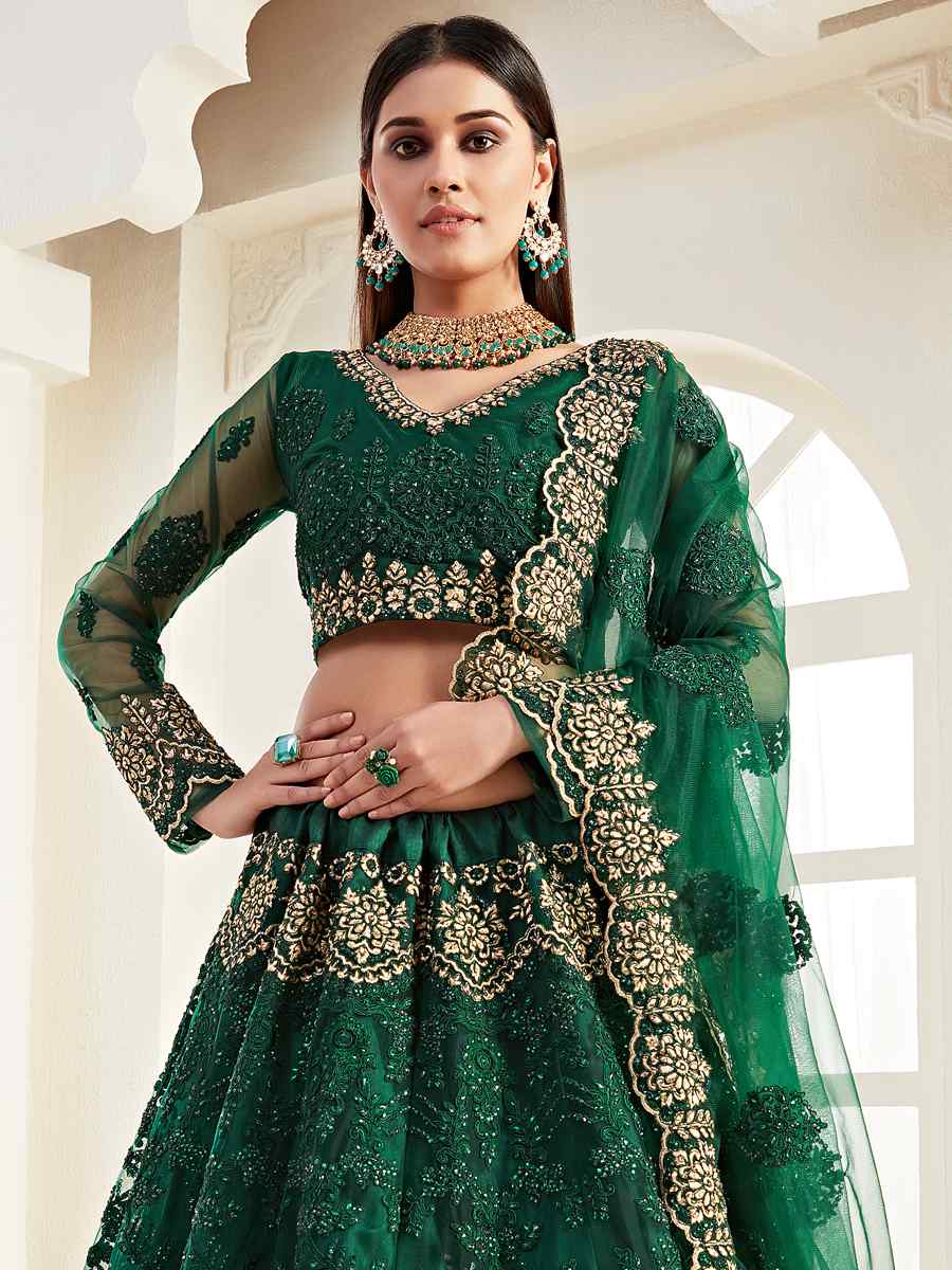 Green Net Silk Embroidered Bridesmaid Wedding Heavy Border Lehenga Choli