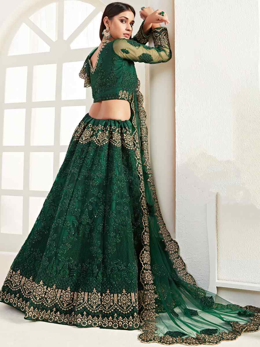 Green Net Silk Embroidered Bridesmaid Wedding Heavy Border Lehenga Choli