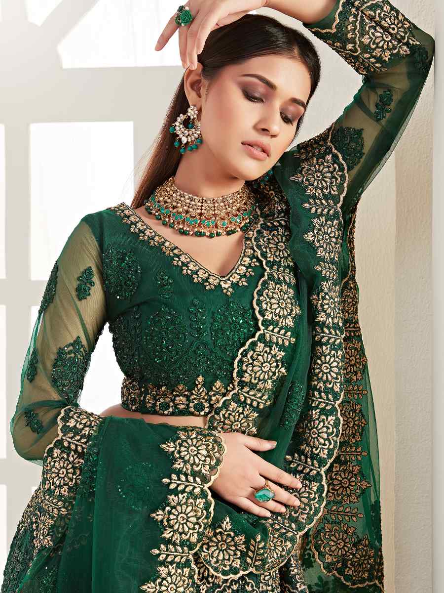 Green Net Silk Embroidered Bridesmaid Wedding Heavy Border Lehenga Choli