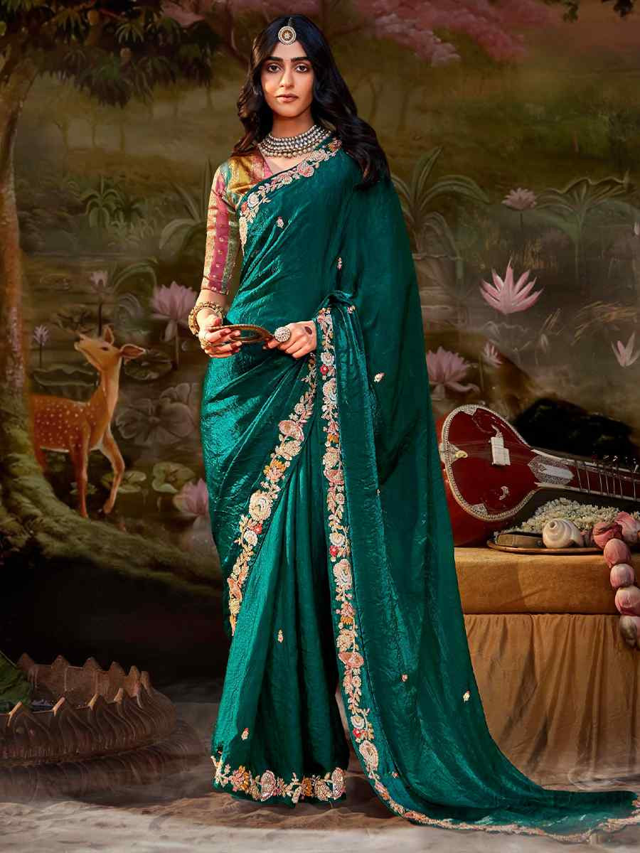 Green Organza Chiffon Embroidered Reception Party Heavy Border Saree