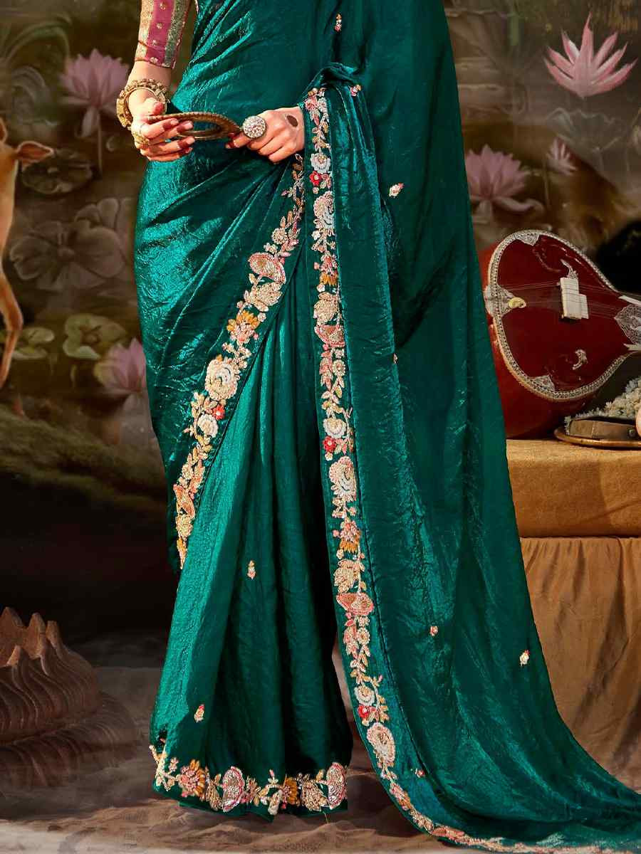 Green Organza Chiffon Embroidered Reception Party Heavy Border Saree