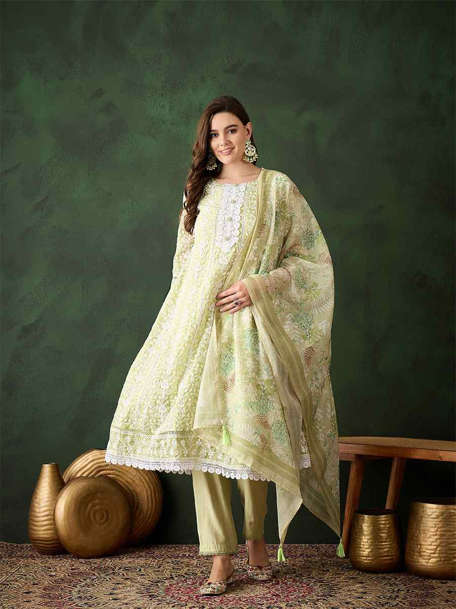 Green Organza Embroidered Festival Casual Pant Salwar Kameez