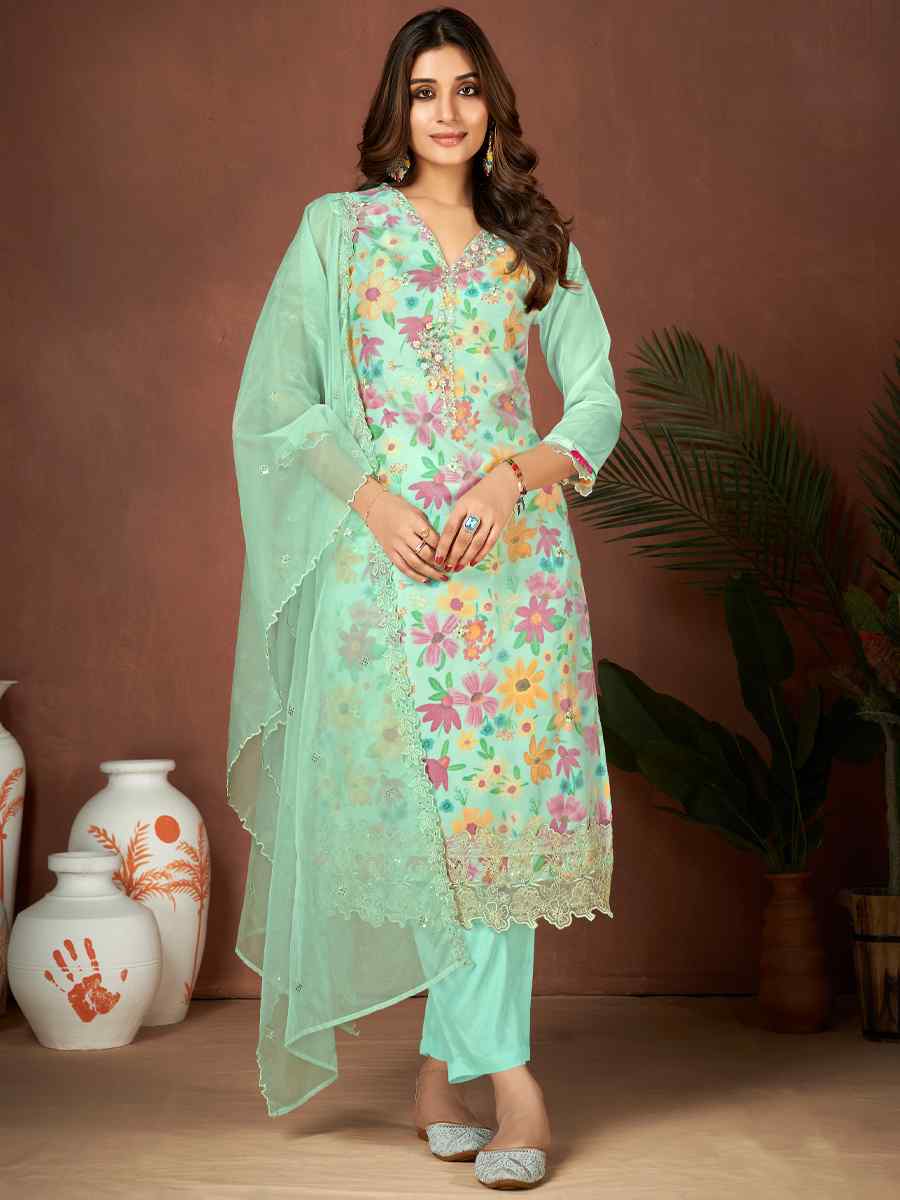 Green Organza Embroidered Festival Casual Ready Pant Salwar Kameez