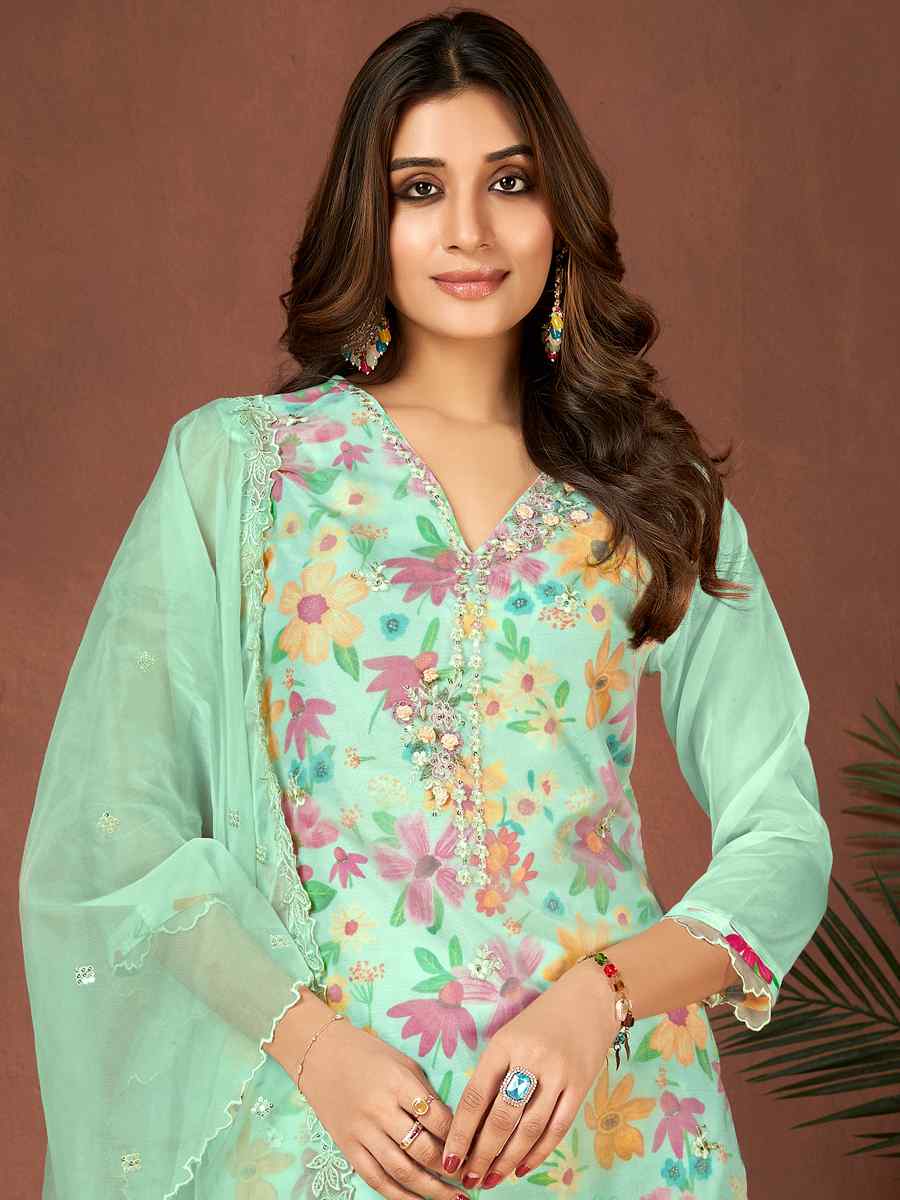 Green Organza Embroidered Festival Casual Ready Pant Salwar Kameez