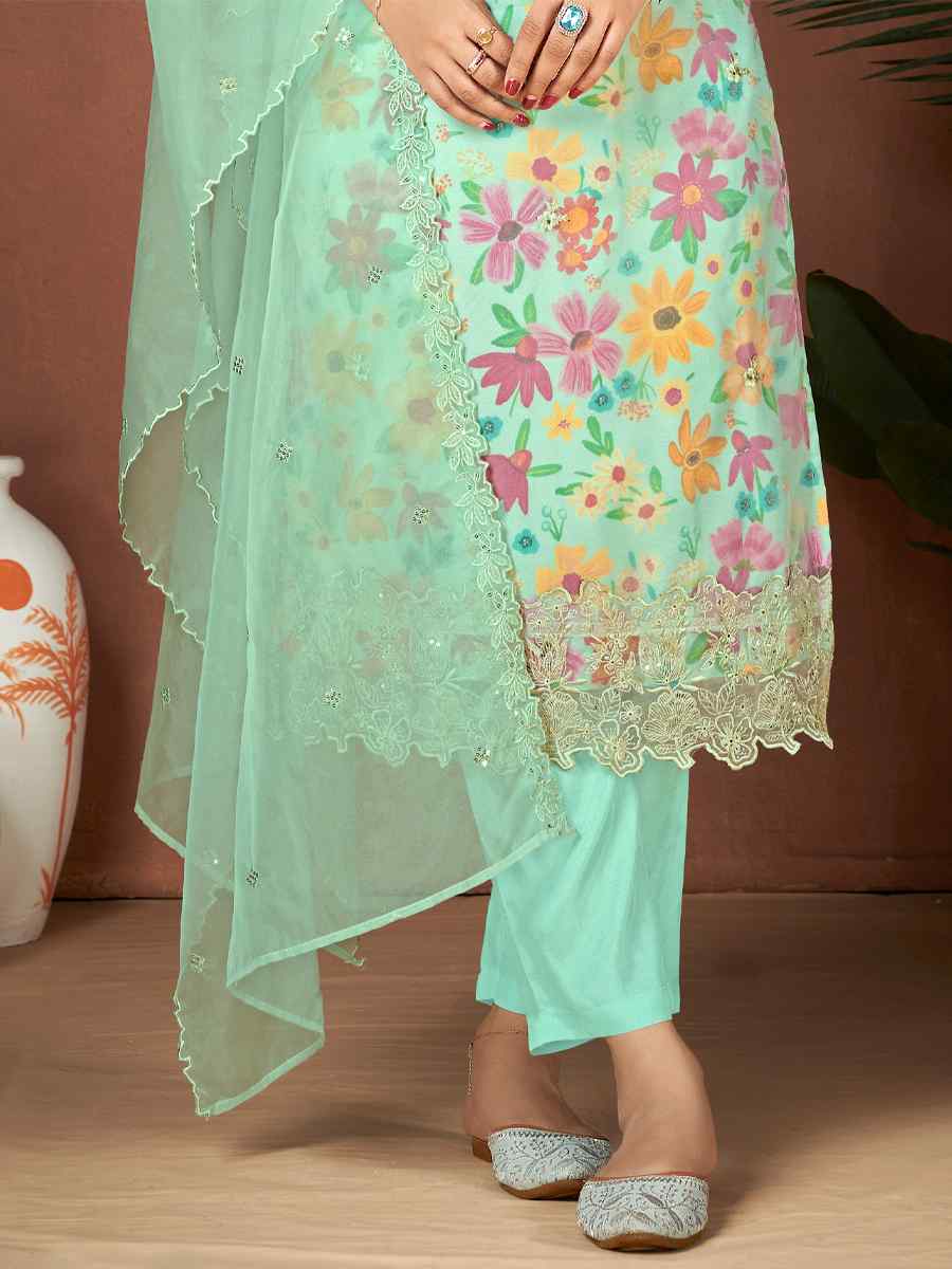 Green Organza Embroidered Festival Casual Ready Pant Salwar Kameez