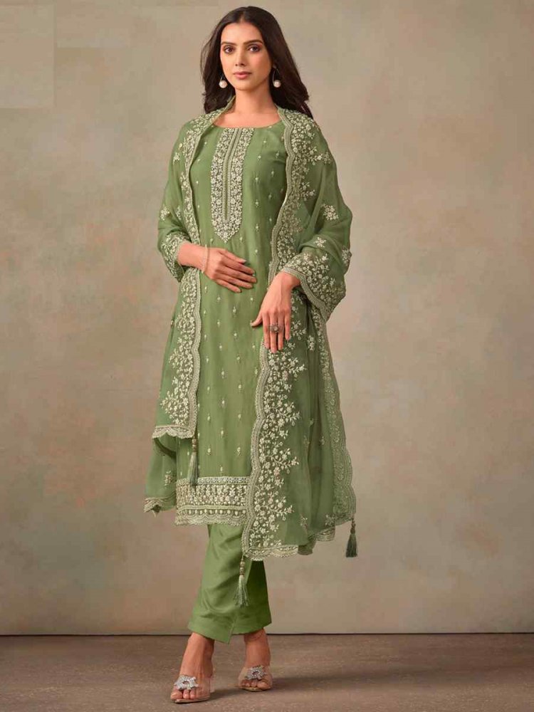 Green Organza Embroidered Festival Wedding Pant Salwar Kameez