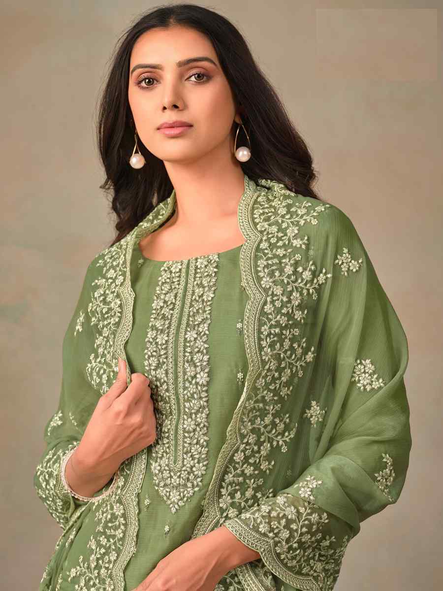 Green Organza Embroidered Festival Wedding Pant Salwar Kameez