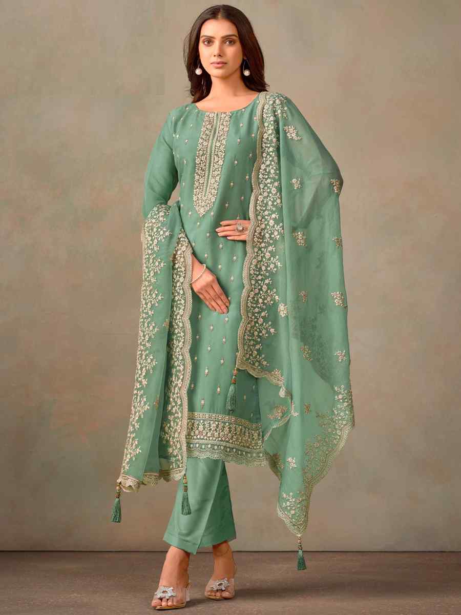 Green Organza Embroidered Festival Wedding Pant Salwar Kameez