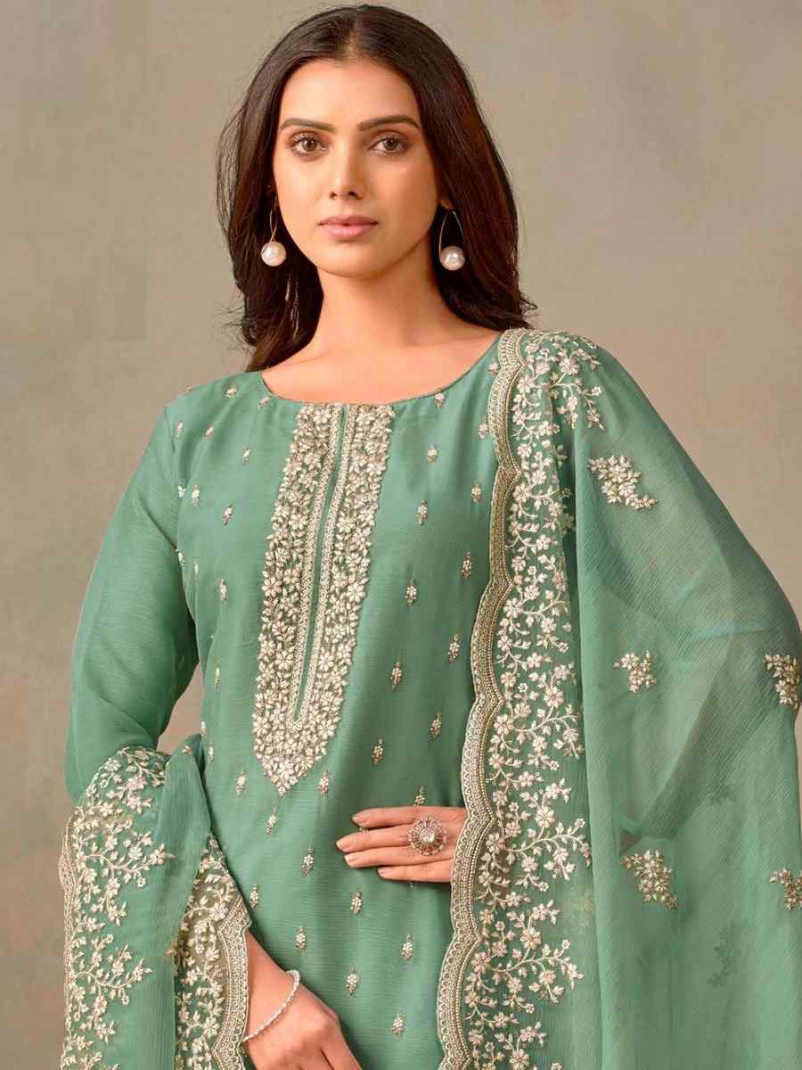 Green Organza Embroidered Festival Wedding Pant Salwar Kameez