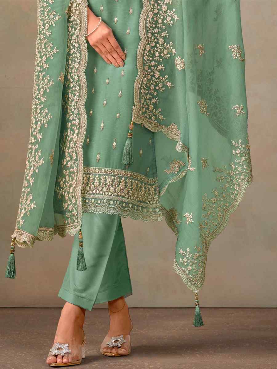 Green Organza Embroidered Festival Wedding Pant Salwar Kameez